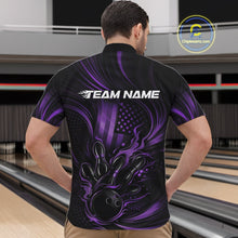 Load image into Gallery viewer, Front view of a male model at a bowling lane wearing a black and purple quarter-zip shirt with a fiery bowling strike motif and distressed American flag details.