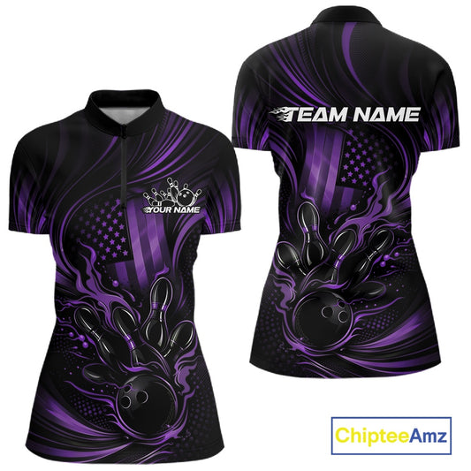 Front and back display of a black and purple women’s bowling quarter-zip shirt featuring a patriotic flaming bowling ball striking pins and distressed American flag artwork.