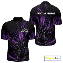 Load image into Gallery viewer, Front and back display of a black and purple mens bowling quarter-zip shirt showcasing a patriotic flaming bowling ball striking pins with distressed flag artwork.