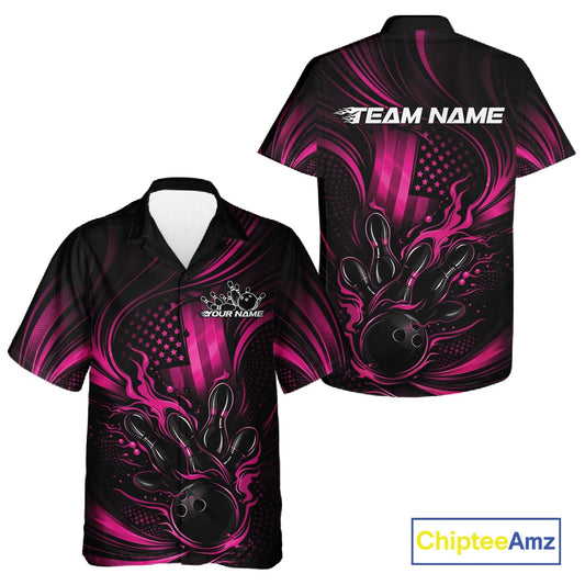 Front and back view of a black and pink button-up bowling shirt featuring patriotic flames and a bowling ball striking pins with distressed flag styling.