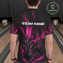 Load image into Gallery viewer, Back view of a male model in a bowling center wearing a black and pink polo featuring flaming bowling ball and pins design.