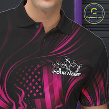 Load image into Gallery viewer, Close-up of a black and pink bowling polo shirt left chest showcasing patriotic flames and bowling strike graphics.