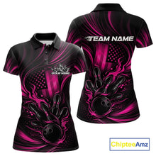 Load image into Gallery viewer, Front and back display of a black and pink womens bowling polo shirt showcasing patriotic flames around a bowling ball striking pins with distressed flag artwork.