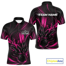 Load image into Gallery viewer, Front and back view of a black and pink men’s bowling polo shirt featuring patriotic flames and a bowling ball striking pins with distressed American flag styling.