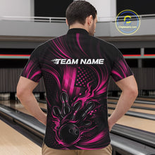 Load image into Gallery viewer, Front view of a male model wearing a black and pink quarter-zip bowling shirt featuring flaming bowling action graphics and patriotic accents.