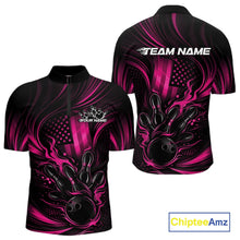 Load image into Gallery viewer, Front and back mockup of a black and pink mens bowling quarter-zip shirt featuring a patriotic flaming bowling ball knocking down pins over a distressed American flag.