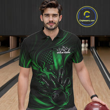 Load image into Gallery viewer, Male model at a bowling lane wearing a black and green polo shirt with patriotic bowling strike artwork and distressed flag styling.