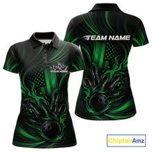 Load image into Gallery viewer, Front and back view of a black and green womens bowling polo shirt featuring patriotic flames, a bowling ball striking pins, and a distressed American flag theme.