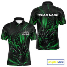Load image into Gallery viewer, Front and back view of a black and green men’s bowling polo shirt featuring patriotic flames around a bowling ball striking pins with distressed American flag design.