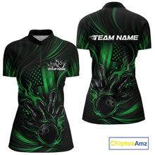 Load image into Gallery viewer, Front and back view of a black and green women’s bowling quarter-zip shirt featuring a patriotic flaming bowling ball striking pins over a distressed American flag.