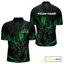 Load image into Gallery viewer, Front and back view of a black and green mens bowling quarter-zip shirt featuring patriotic flaming bowling ball striking pins with a distressed American flag design.