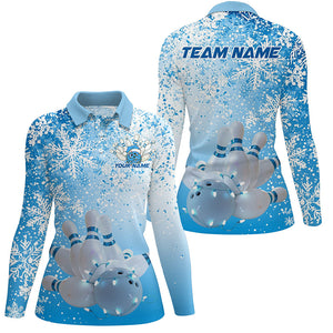 Blue Snowflake Custom Christmas Bowling Shirts For Women, Xmas Bowling Team Uniform IPHW7863