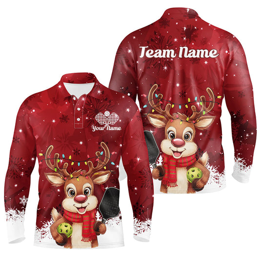 Custom Funny Christmas Reindeer Pickleball Long Sleeve Polo Shirts For Men, Pickleball Outfit IPHW8095