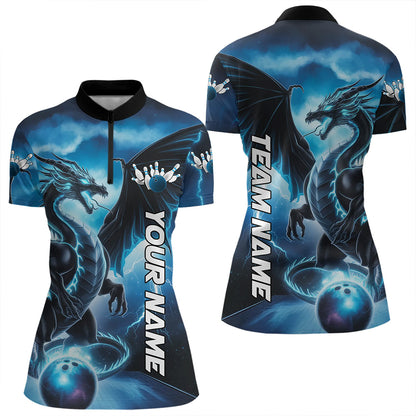 Custom Blue Thunder Lightning Dragon Bowling Quarter-Zip Shirts For Women Bowling Uniform IPHW8302