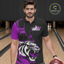 Load image into Gallery viewer, Custom Black And Purple Tiger Bowling Jerseys, Tiger Bowling Team Men Polo Shirts IPHW9017