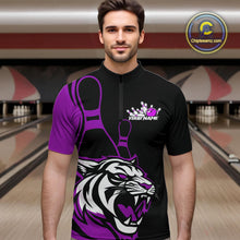 Load image into Gallery viewer, Custom Black And Purple Tiger Bowling Jerseys, Tiger Bowling Team Men Quarter-Zip Shirts IPHW9017