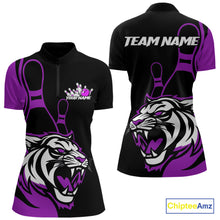 Load image into Gallery viewer, Custom Black And Purple Tiger Bowling Jerseys, Tiger Bowling Team Women Quarter-Zip Shirt IPHW9017
