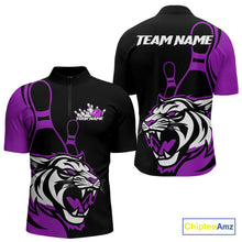 Load image into Gallery viewer, Custom Black And Purple Tiger Bowling Jerseys, Tiger Bowling Team Men Quarter-Zip Shirts IPHW9017
