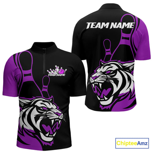 Custom Black And Purple Tiger Bowling Jerseys, Tiger Bowling Team Men Quarter-Zip Shirts IPHW9017