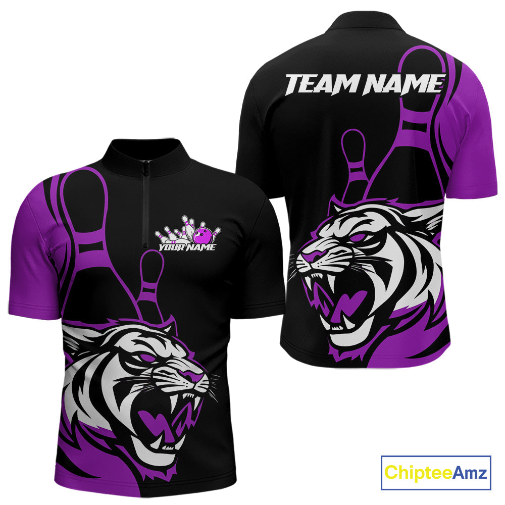 Custom Black And Purple Tiger Bowling Jerseys, Tiger Bowling Team Men Quarter-Zip Shirts IPHW9017