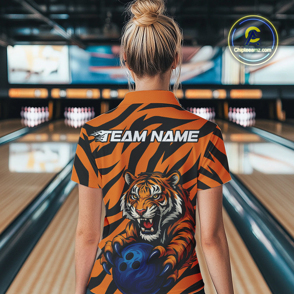 Custom Tiger Bowling Team Quarter-Zip Shirts For Women, Tiger Bowling Team Uniform IPHW9025