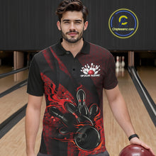 Load image into Gallery viewer, Male model wearing a black and red bowling polo shirt at a bowling lane with fiery bowling action artwork and geometric styling.