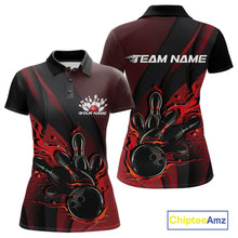 Load image into Gallery viewer, Front and back mockup of a black and red women’s bowling polo shirt featuring a flaming bowling ball striking pins with hexagon patterns and diagonal stripes.
