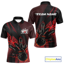 Load image into Gallery viewer, Front and back mockup of a black and red men’s bowling polo shirt showcasing a flaming bowling ball striking pins with hexagon patterns and diagonal stripes.