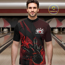 Load image into Gallery viewer, Male model wearing a black and red bowling quarter-zip shirt at a bowling lane with fiery bowling action artwork and geometric accents.