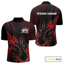 Load image into Gallery viewer, Front and back mockup of a black and red men’s bowling quarter-zip shirt showcasing a flaming bowling ball striking pins with hexagon motifs and diagonal stripes.