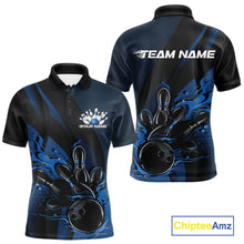 Load image into Gallery viewer, Front and back display of a black and blue men’s bowling polo shirt featuring a flaming bowling ball striking pins with hexagon graphics and diagonal stripes.