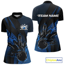 Load image into Gallery viewer, Women’s quarter zip bowling shirt mockup featuring black and blue colorway with flaming bowling ball striking pins, hexagon mesh and diagonal stripe accents