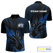 Load image into Gallery viewer, Front and back view of a black and blue men’s bowling quarter-zip shirt featuring a flaming bowling ball striking pins with hexagon patterns and diagonal stripes.