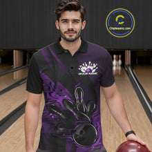 Load image into Gallery viewer, Male model wearing a black and purple bowling polo shirt at a bowling lane with fiery bowling strike artwork and geometric styling.