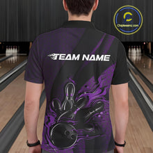 Load image into Gallery viewer, Back view of a male model in a bowling center wearing a black and purple polo shirt showcasing a bowling strike scene with flame effects.