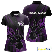 Load image into Gallery viewer, Front and back view of a black and purple women’s bowling polo shirt showcasing a flaming bowling ball striking pins with hexagon motifs and diagonal stripes.