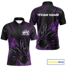 Load image into Gallery viewer, Front and back view of a black and purple men’s bowling polo shirt featuring a flaming bowling ball striking pins with hexagon motifs and diagonal stripes.