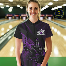 Load image into Gallery viewer, Female model in a bowling alley wearing a black and purple quarter zip shirt, front view featuring fiery bowling ball striking pins with geometric accents