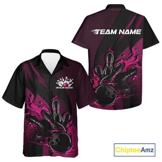 Front and back mockup of a black and pink button-up bowling shirt showcasing a bowling strike design with hexagonal patterns and diagonal striping.