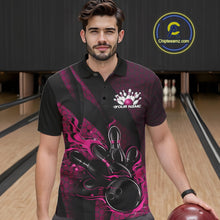 Load image into Gallery viewer, Male model at a bowling lane wearing a black and pink bowling polo shirt with bowling strike artwork, geometric accents, and diagonal striping.