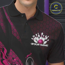 Load image into Gallery viewer, Close-up left chest view of a black and pink bowling polo shirt featuring a flaming bowling ball striking pins with hexagon details.