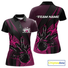 Load image into Gallery viewer, Front and back mockup of a black and pink women’s bowling polo shirt featuring a flaming bowling ball striking pins with hexagon patterns and diagonal stripes.