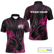 Load image into Gallery viewer, Front and back mockup of a black and pink men’s bowling polo shirt showcasing a flaming bowling ball striking pins with hexagon patterns and diagonal stripes.