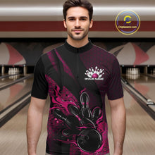 Load image into Gallery viewer, Male model at a bowling lane wearing a black and pink bowling quarter-zip shirt with bowling strike artwork, geometric accents, and diagonal striping.