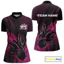 Load image into Gallery viewer, Women’s quarter zip bowling shirt mockup featuring black and pink colorway with fiery bowling ball hitting pins, geometric hexagon textures and dynamic stripes