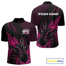 Load image into Gallery viewer, Front and back mockup of a black and pink men’s bowling quarter-zip shirt showcasing a flaming bowling ball striking pins with hexagon patterns and diagonal stripes.