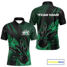 Load image into Gallery viewer, Front and back display of a black and green men’s bowling polo shirt featuring a flaming bowling ball striking pins with hexagon graphics and diagonal stripes.