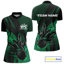 Load image into Gallery viewer, Women’s quarter zip bowling shirt mockup displaying black and green shirt with flames around bowling ball striking pins, hexagon and diagonal stripe patterns