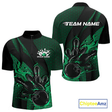 Load image into Gallery viewer, Front and back display of a black and green men’s bowling quarter-zip shirt featuring a flaming bowling ball striking pins, hexagon graphics, and diagonal stripes.