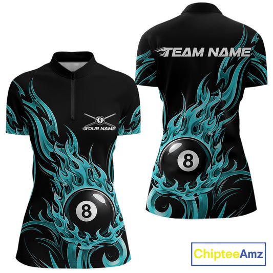 Custom Turquoise Blue Tribal Flame 8 Ball Billiards Women Quarter-Zip Shirt, Pool Shirt IPHW11753